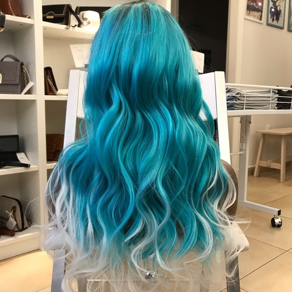 Accessories - Human hair blend green mix blue with white wig